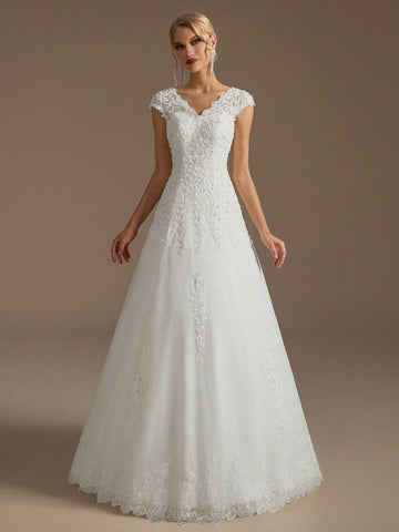 Elegant V-Neck A-Line Style Appliqué Hand-Beaded Wedding Dress