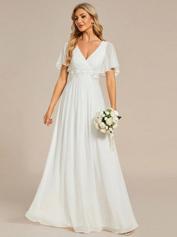 Elegant V-Neck Applique Chiffon Wedding Dress