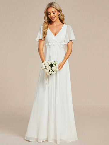 Elegant V-Neck Applique Chiffon Wedding Dress