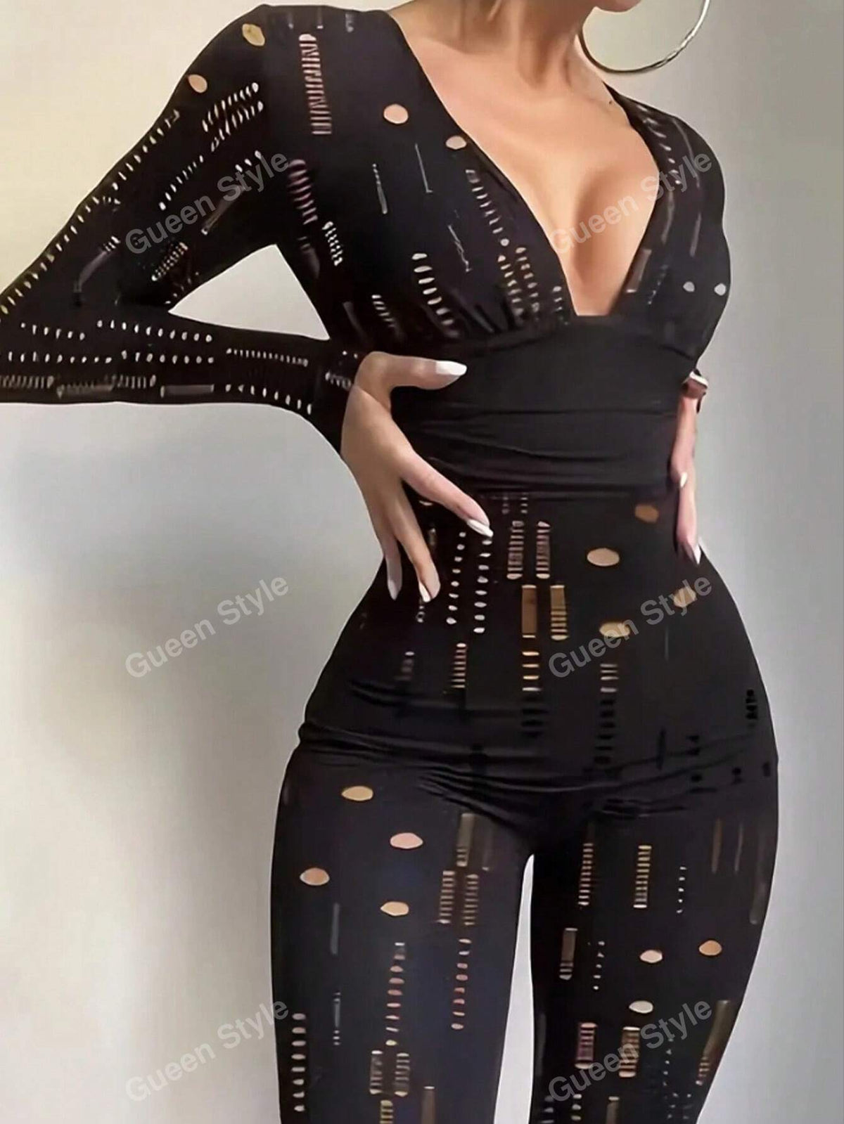 Elegant V-Neck Hollow Out Design Slim Fit Long Sleeve Jumpsuit With Long Pants