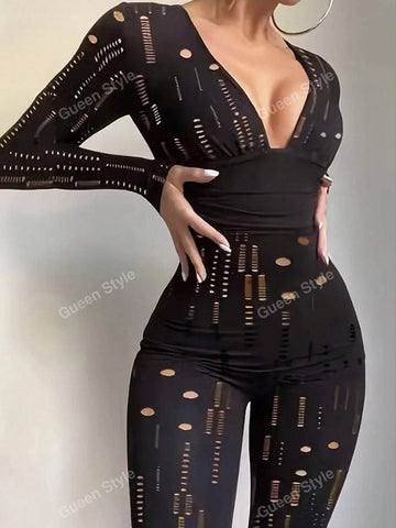 Elegant V-Neck Hollow Out Design Slim Fit Long Sleeve Jumpsuit With Long Pants