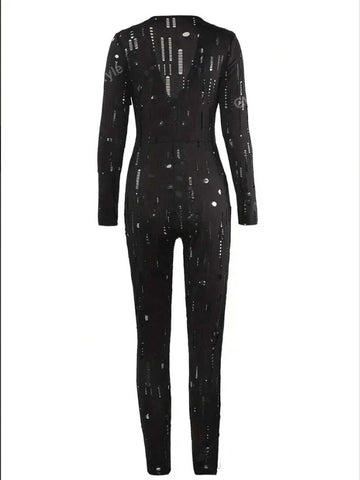 Elegant V-Neck Hollow Out Design Slim Fit Long Sleeve Jumpsuit With Long Pants