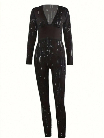 Elegant V-Neck Hollow Out Design Slim Fit Long Sleeve Jumpsuit With Long Pants