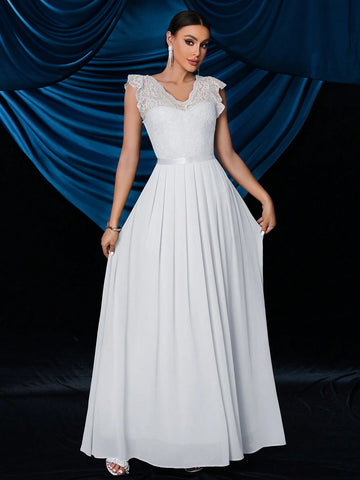 Elegant V-Neck Lace Scallop Sleeve Wedding Evening Party Long Dress
