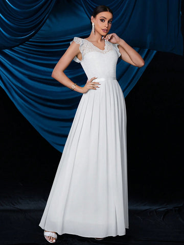 Elegant V-Neck Lace Scallop Sleeve Wedding Evening Party Long Dress