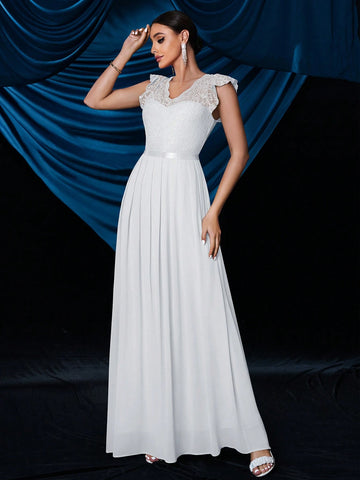 Elegant V-Neck Lace Scallop Sleeve Wedding Evening Party Long Dress
