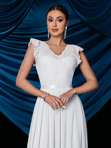 Elegant V-Neck Lace Scallop Sleeve Wedding Evening Party Long Dress