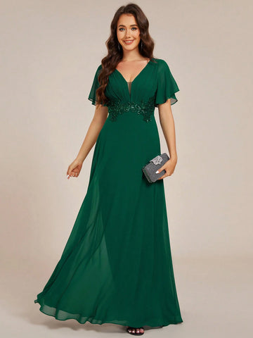Elegant V-Neck Pleated Applique Ruffle Sleeve Bridesmaid Dress