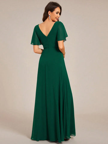 Elegant V-Neck Pleated Applique Ruffle Sleeve Bridesmaid Dress