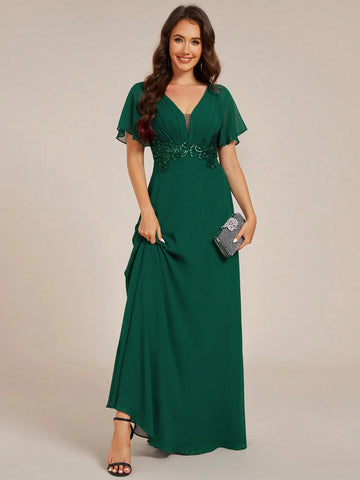 Elegant V-Neck Pleated Applique Ruffle Sleeve Bridesmaid Dress