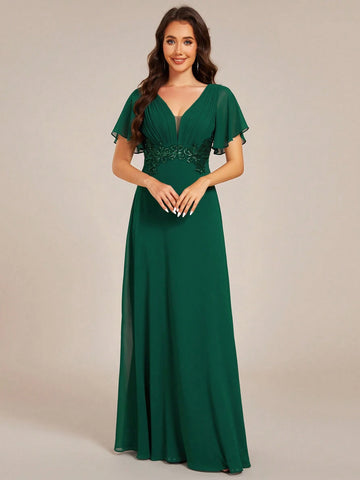Elegant V-Neck Pleated Applique Ruffle Sleeve Bridesmaid Dress