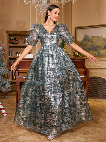 Elegant V-Neck Puff Sleeve Coated Print Luxurious Bridesmaid Dress