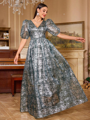 Elegant V-Neck Puff Sleeve Coated Print Luxurious Bridesmaid Dress