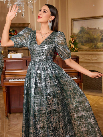 Elegant V-Neck Puff Sleeve Coated Print Luxurious Bridesmaid Dress