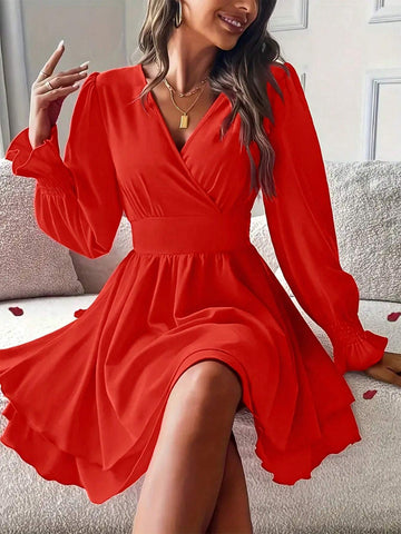 Elegant V-Neck Ruffle Hem Short Dress, Long Sleeve, Solid Color, Suitable For Spring And Autumn