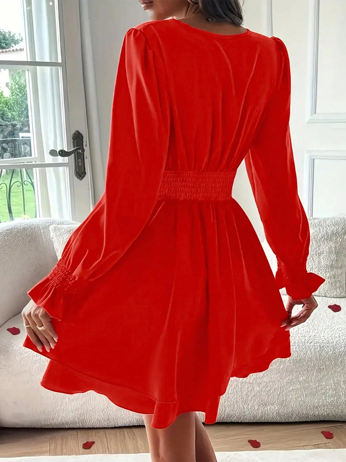 Elegant V-Neck Ruffle Hem Short Dress, Long Sleeve, Solid Color, Suitable For Spring And Autumn