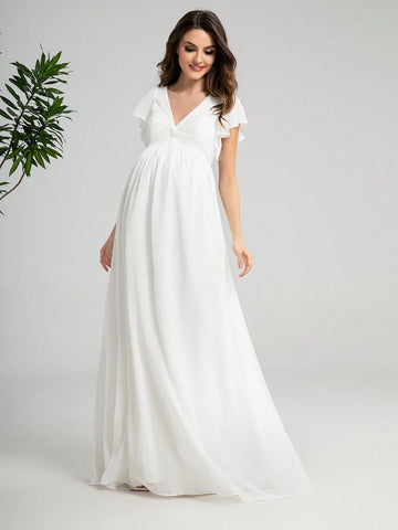 Elegant V-Neck Ruffle Sleeve Maternity Dress