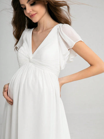 Elegant V-Neck Ruffle Sleeve Maternity Dress