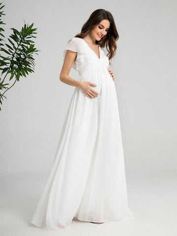 Elegant V-Neck Ruffle Sleeve Maternity Dress
