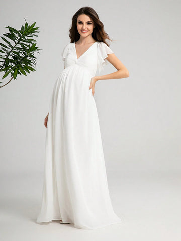 Elegant V-Neck Ruffle Sleeve Maternity Dress