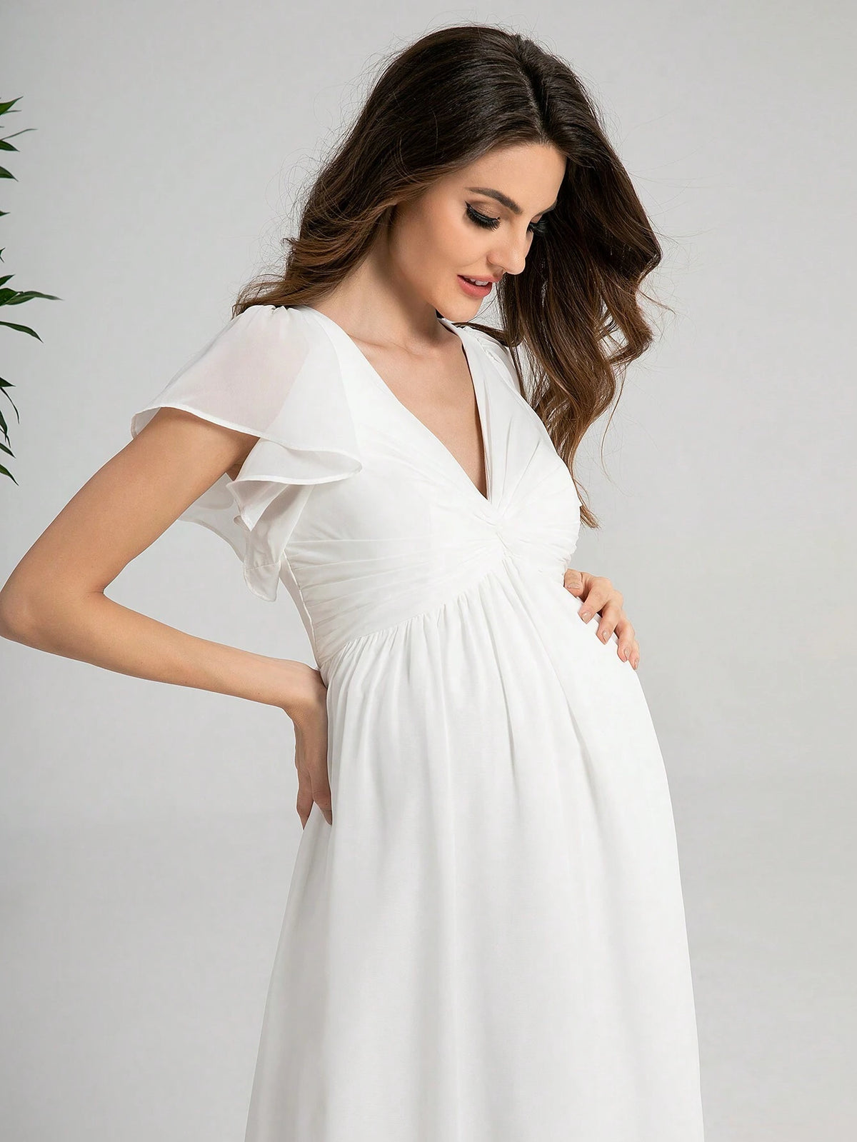 Elegant V-Neck Ruffle Sleeve Maternity Dress