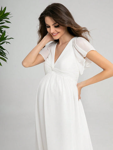 Elegant V-Neck Ruffle Sleeve Maternity Dress