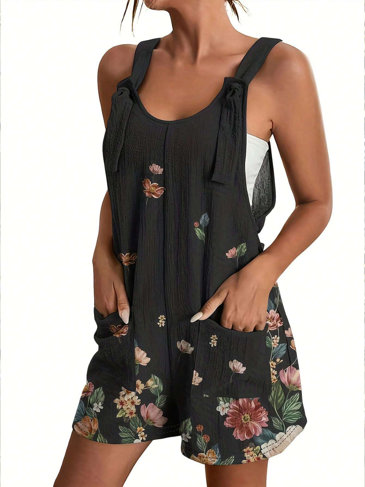 Elegant Vacation Style Flower Print Full-Length Jumpsuit With Spaghetti Straps And Overalls