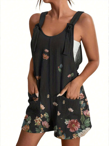 Elegant Vacation Style Flower Print Full-Length Jumpsuit With Spaghetti Straps And Overalls