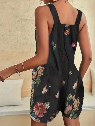 Elegant Vacation Style Flower Print Full-Length Jumpsuit With Spaghetti Straps And Overalls