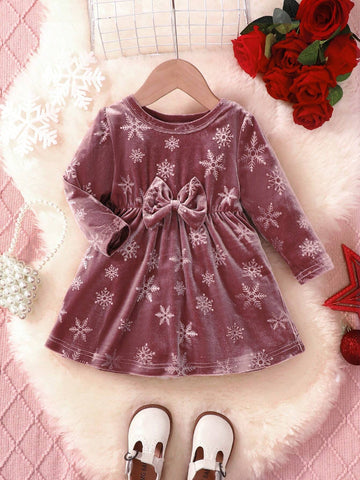 Elegant Velvet Starry Sky Print Dress For Girls - Long Sleeve, Cut-Out With Bow Detail, Perfect For Christmas & Fall/Winter Occasions