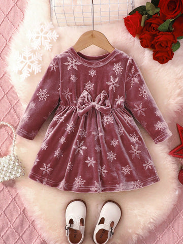 Elegant Velvet Starry Sky Print Dress For Girls - Long Sleeve, Cut-Out With Bow Detail, Perfect For Christmas & Fall/Winter Occasions