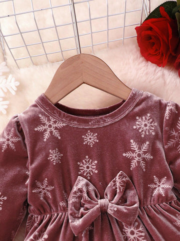 Elegant Velvet Starry Sky Print Dress For Girls - Long Sleeve, Cut-Out With Bow Detail, Perfect For Christmas & Fall/Winter Occasions