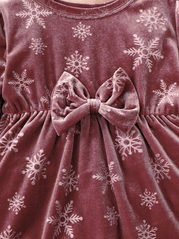 Elegant Velvet Starry Sky Print Dress For Girls - Long Sleeve, Cut-Out With Bow Detail, Perfect For Christmas & Fall/Winter Occasions