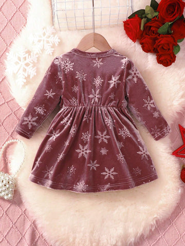 Elegant Velvet Starry Sky Print Dress For Girls - Long Sleeve, Cut-Out With Bow Detail, Perfect For Christmas & Fall/Winter Occasions