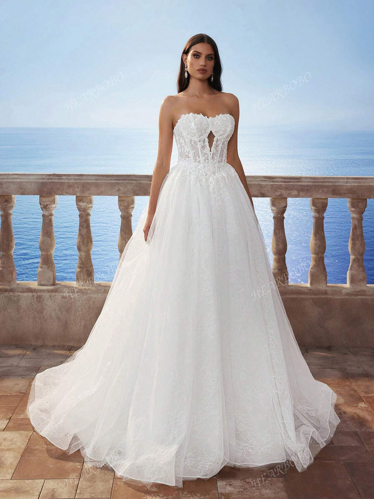 Elegant Victoria Sequin Floral Lace Embroidered Off-The-Shoulder Hollow Crop Top & Fish Bone Romantic Tulle Puff Skirt Train Wedding Dress