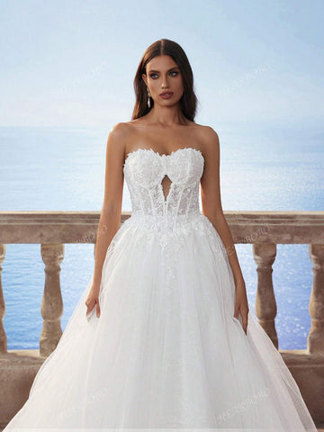 Elegant Victoria Sequin Floral Lace Embroidered Off-The-Shoulder Hollow Crop Top & Fish Bone Romantic Tulle Puff Skirt Train Wedding Dress