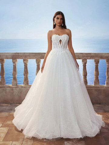 Elegant Victoria Sequin Floral Lace Embroidered Off-The-Shoulder Hollow Crop Top & Fish Bone Romantic Tulle Puff Skirt Train Wedding Dress