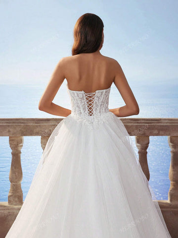 Elegant Victoria Sequin Floral Lace Embroidered Off-The-Shoulder Hollow Crop Top & Fish Bone Romantic Tulle Puff Skirt Train Wedding Dress