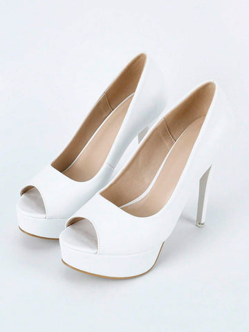 Elegant White Pumps For Women, Peep Toe Platform Stiletto Heeled Court Pumps