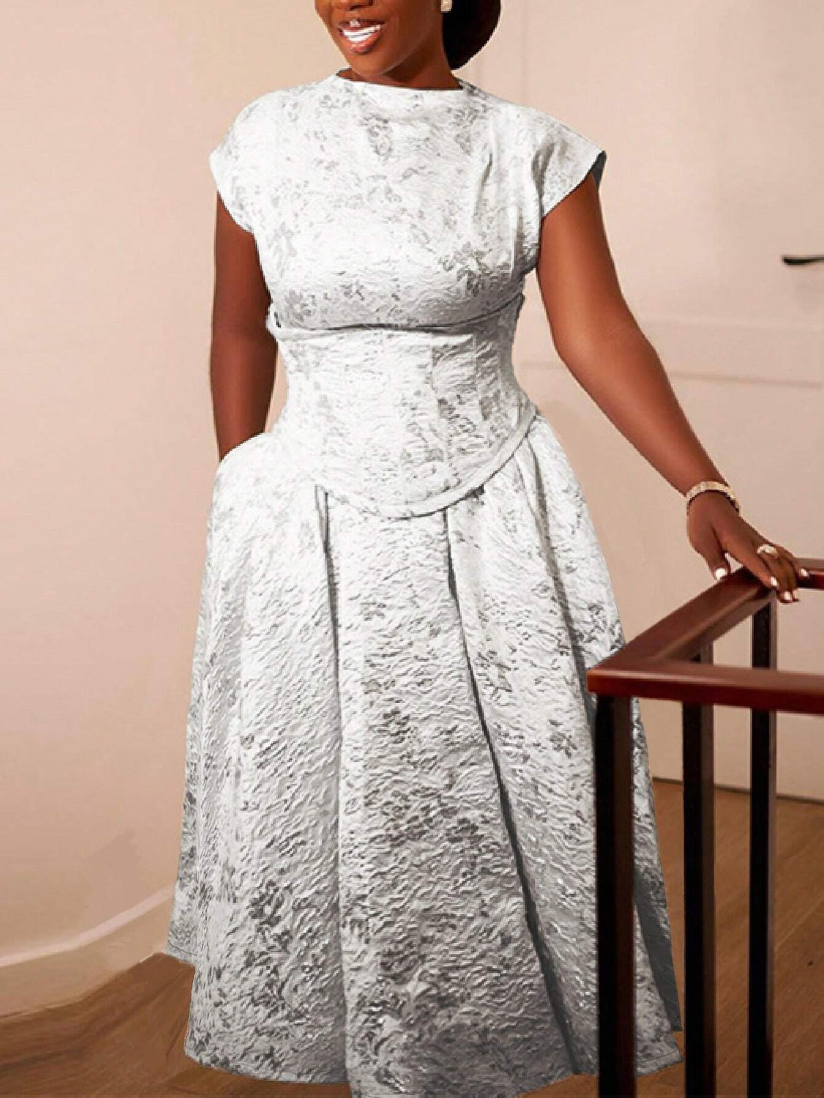 Elegant Women Jacquard Fabric Tie Back Fitted Waist Short Sleeve Midi Dress