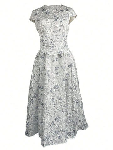 Elegant Women Jacquard Fabric Tie Back Fitted Waist Short Sleeve Midi Dress