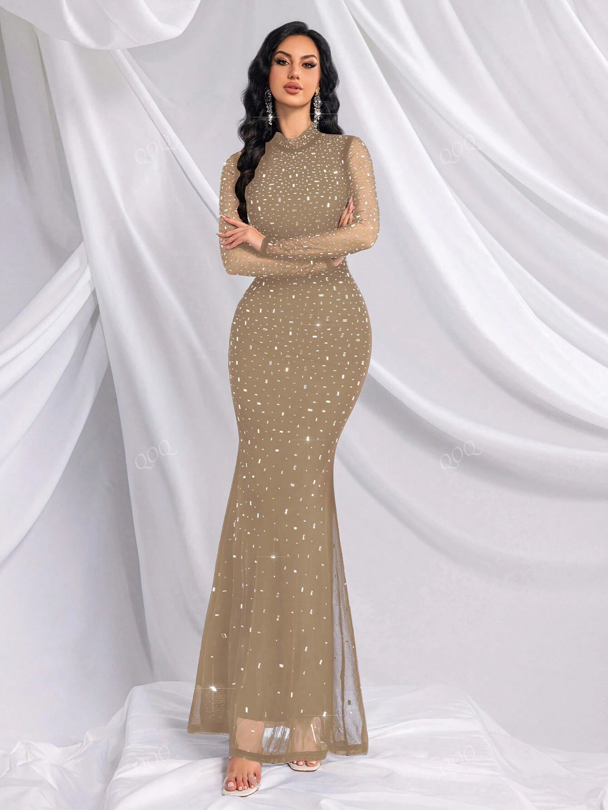 Elegant Women Stand Collar Mesh Patchwork Long Sleeve Formal Evening Gown