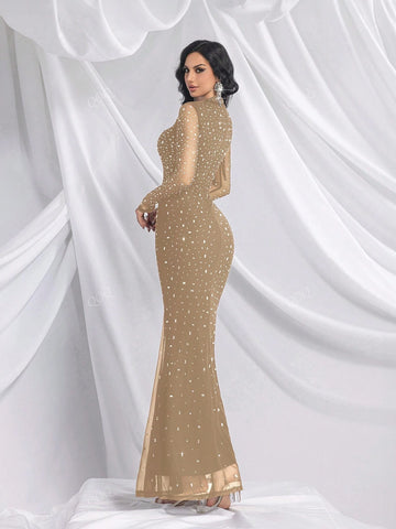 Elegant Women Stand Collar Mesh Patchwork Long Sleeve Formal Evening Gown