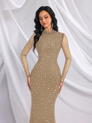 Elegant Women Stand Collar Mesh Patchwork Long Sleeve Formal Evening Gown
