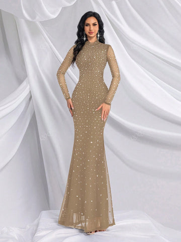 Elegant Women Stand Collar Mesh Patchwork Long Sleeve Formal Evening Gown