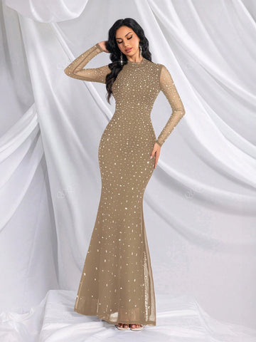 Elegant Women Stand Collar Mesh Patchwork Long Sleeve Formal Evening Gown
