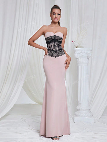 Elegant Women's Backless Fitted Lace Splice Maxi Dress, Gentle Minimalist Style, Formal Gown