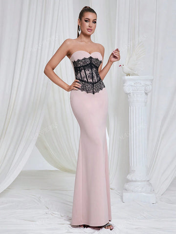 Elegant Women's Backless Fitted Lace Splice Maxi Dress, Gentle Minimalist Style, Formal Gown