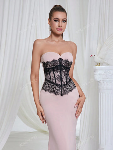 Elegant Women's Backless Fitted Lace Splice Maxi Dress, Gentle Minimalist Style, Formal Gown