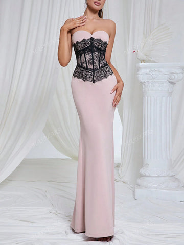 Elegant Women's Backless Fitted Lace Splice Maxi Dress, Gentle Minimalist Style, Formal Gown